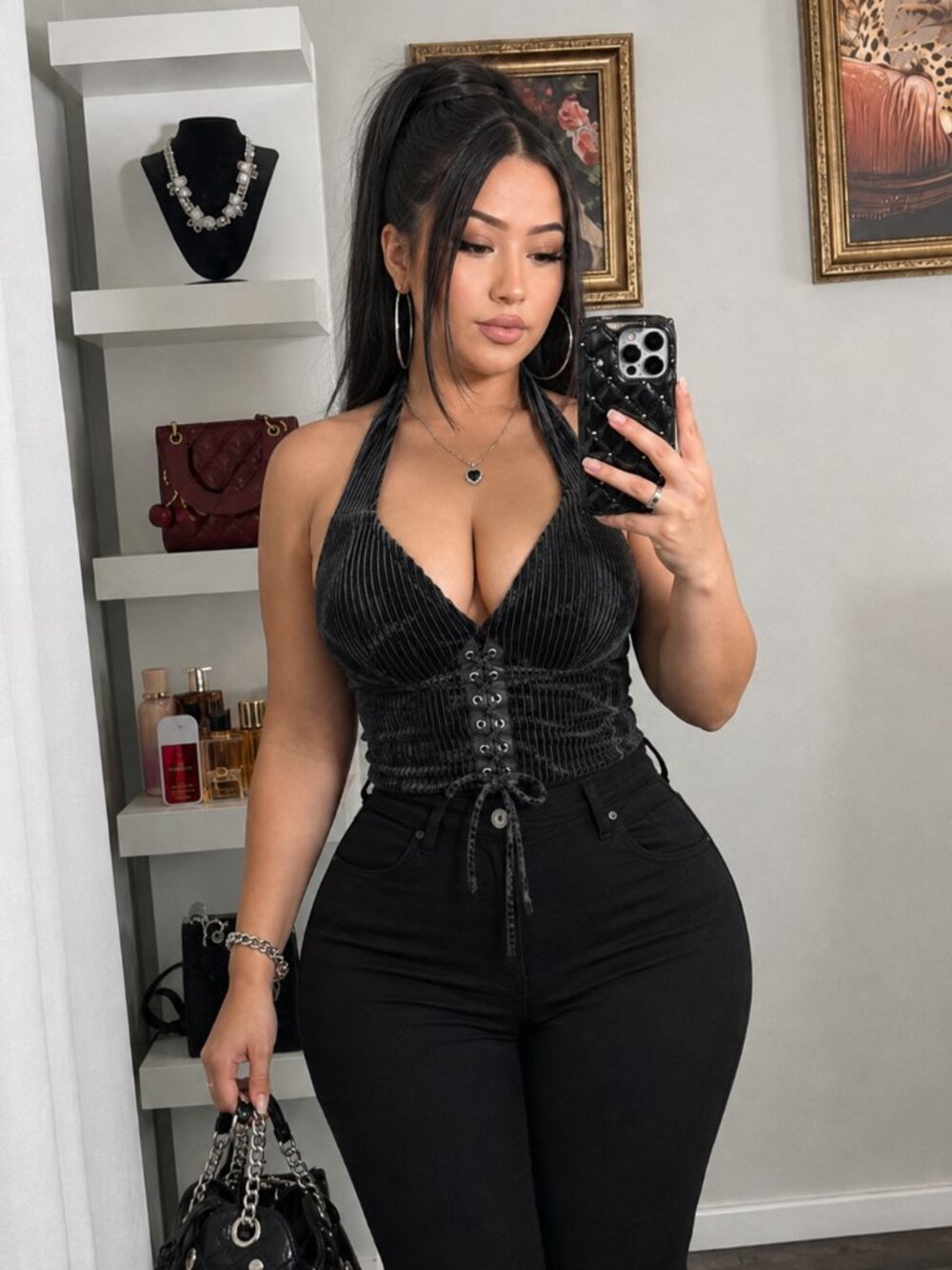 1XL Black with Thin Vertical Stripes Polyester & Elastane Halter Cro